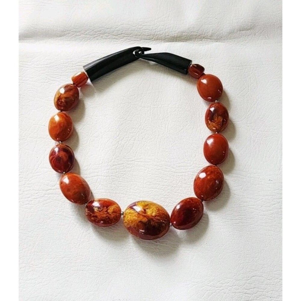 Vintage Gerda Lynggaard Monies Oversized Faux Amber Beaded Hook Clasp Necklace